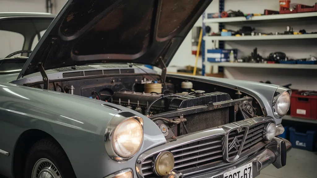 Moteur d'une voiture ancienne visible sous le capot ouvert dans un garage