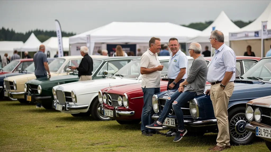 Rassemblement de voitures de collection avec propriétaires discutant en plein air