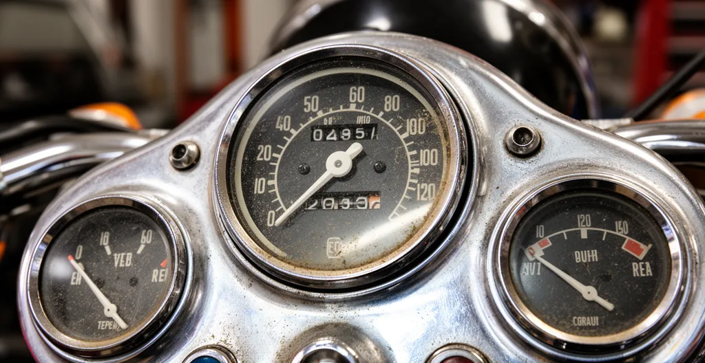 Compteur kilométrique chromé d'une moto ancienne avec patine authentique