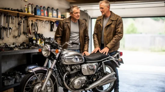 Passionné admirant sa moto de collection des années 70 dans son garage