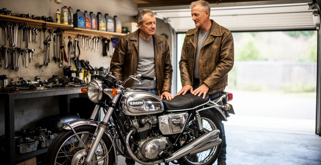 Passionné admirant sa moto de collection des années 70 dans son garage