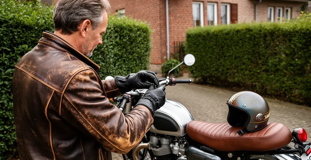 Motard enfilant ses gants près de sa moto ancienne avant une sortie