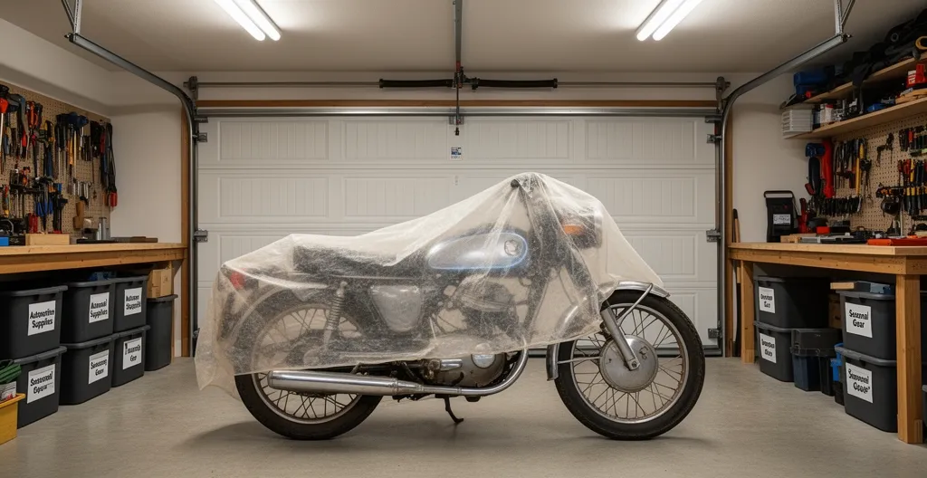 Moto de collection sous housse de protection dans un garage privé sécurisé