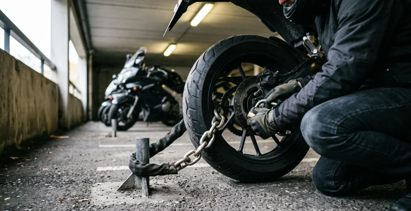 Mains d'un motard installant une chaîne antivol à travers la roue arrière de sa moto dans un parking