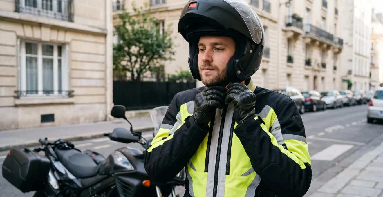 Motard ajustant la sangle de son casque intégral avant de prendre la route en milieu urbain