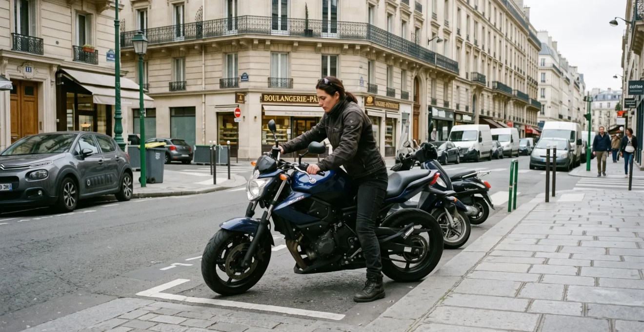 Motarde garant sa moto dans un espace de stationnement deux-roues sur une rue urbaine française
